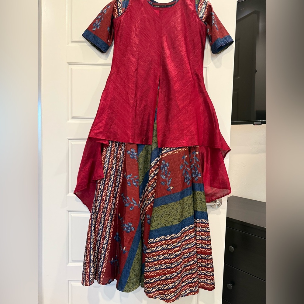 Red and Blue Layered Anarkali Kurta